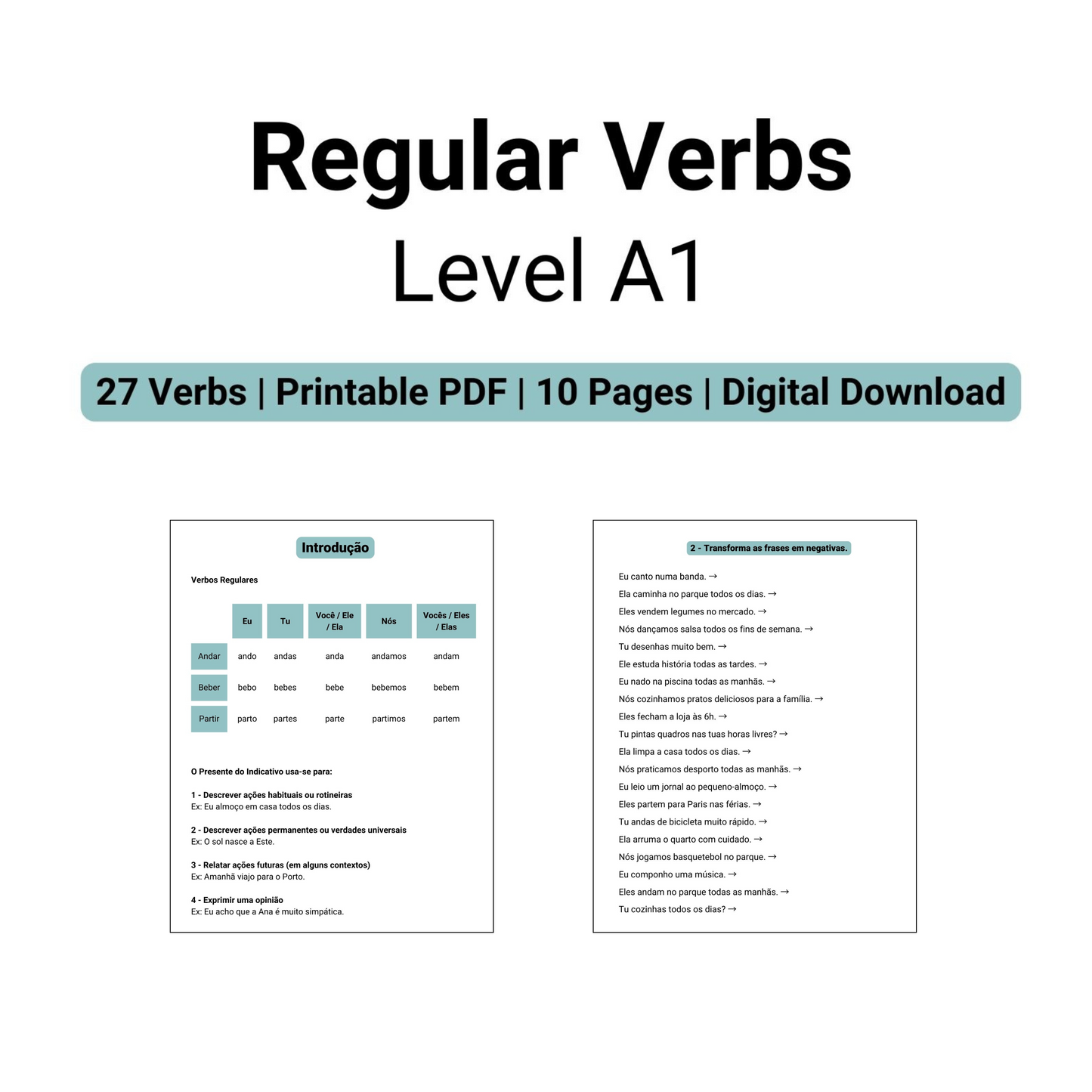 Portuguese Exercises | Printable PDFs | Explanation + Exercises